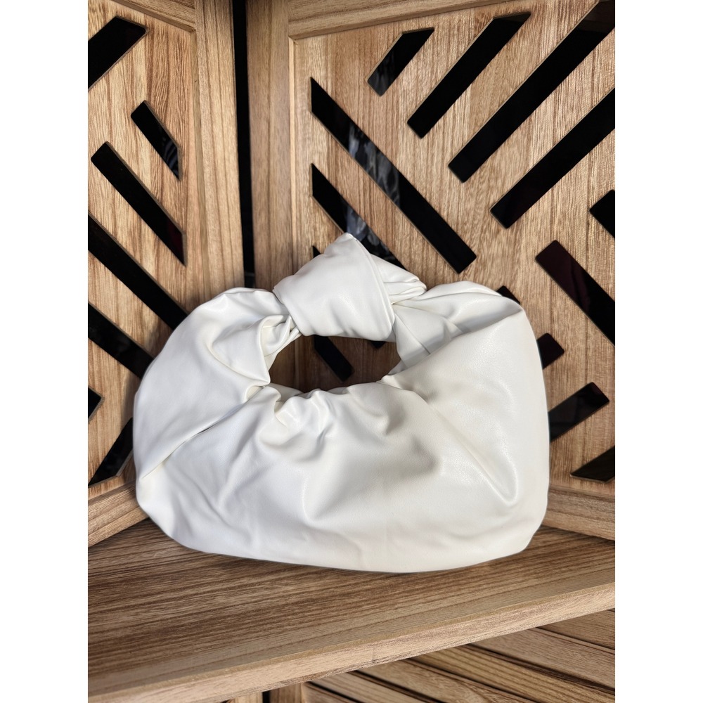 White Faux Leather Knotted Handle Clutch Bag • Soft Dumpling Style • No Brand